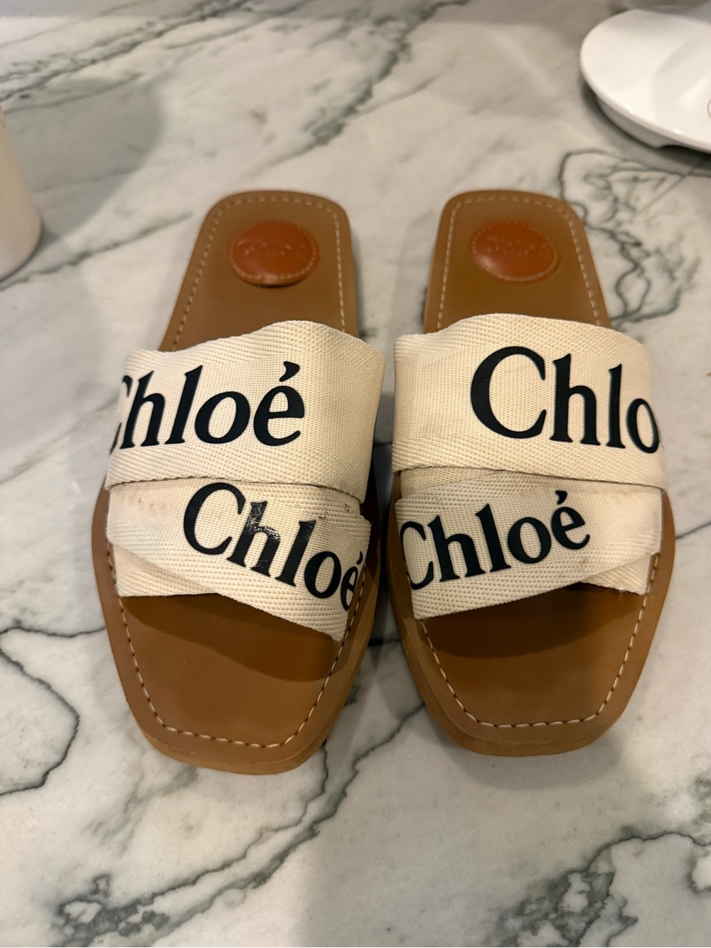 Chloé Cream Canvas Logo Strap Tan Leather Slide Sandals
